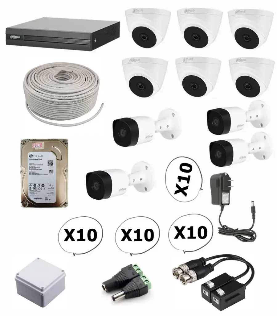 KIT DE 10 CAMARAS DE SEGURIDAD 1080P DAHUA CCTV + BALA