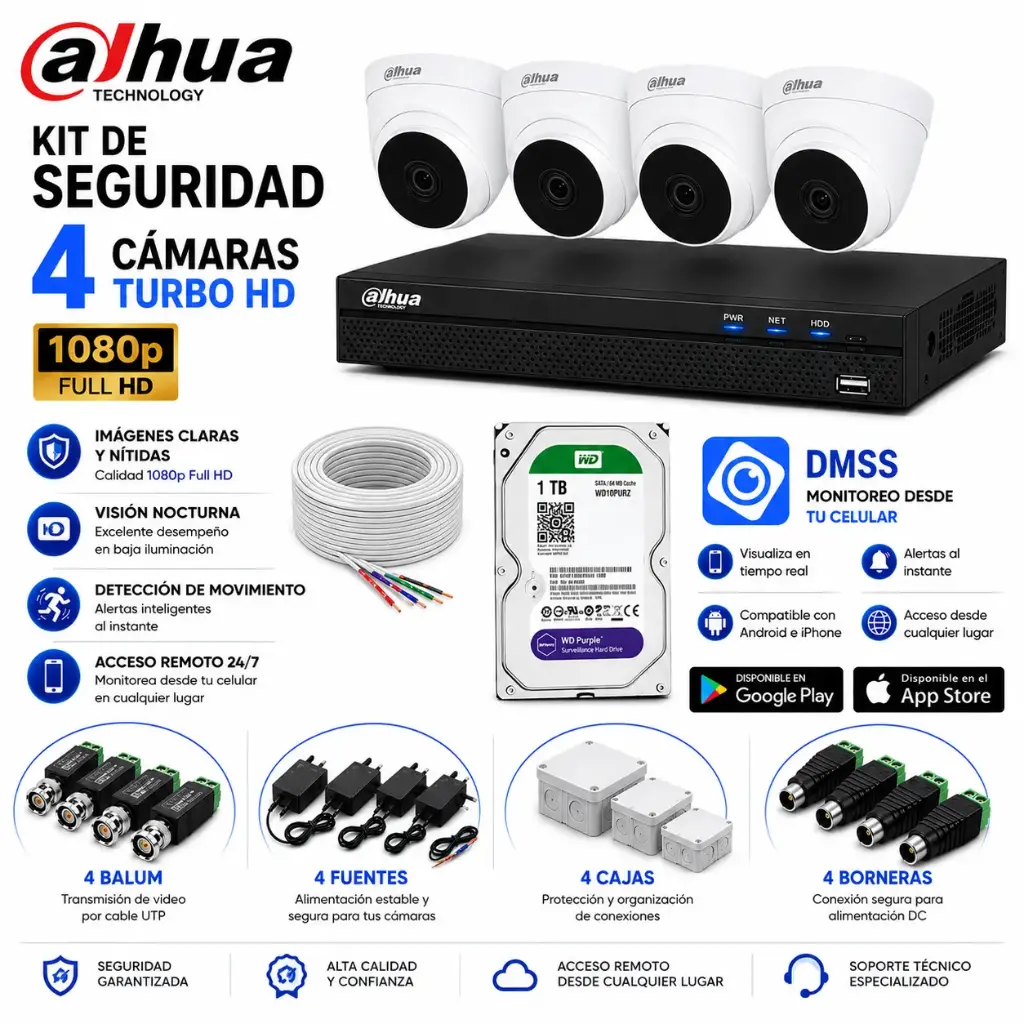 KIT DE 4 CAMARAS DE SEGURIDAD 1080P DAHUA CCTV + BALA 