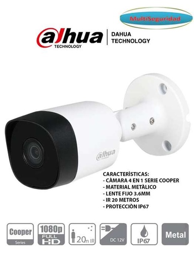 [DH-HAC-B2A21N] CAMARA 4 EN 1 1/2,7" CMOS 1080P TIPO BALA METALICA 3,6MM FOV 93° DWDR IR 20M IP67