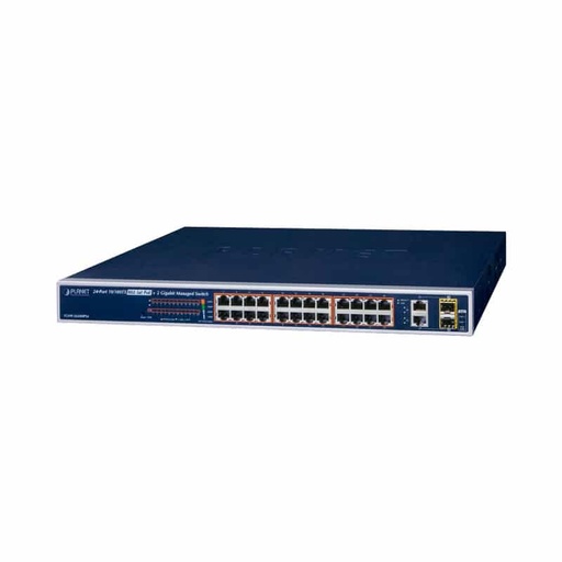 [FGSW-2622VHP] Switch no administrable de 24 puertos PoE+, 2 combo TP/SFP Gigabit y pantalla LCD para monitoreo