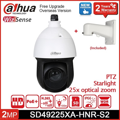 [DH-SD49225XAN-HNR-S2] DOMO PTZ IP AI 2MP@60FPS ZOOM 25X WDR 120DB H265+ IP66 IR 100M POE+ INCL. SOPORTE SIN FUENTE
