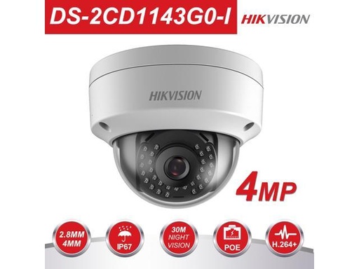 [DS-2CD1143G0-I] Domo IP 4 Megapixel / Lente 2.8 mm / 30 mts IR / WDR 120 dB / Exterior IP67 IK10 / Hik-Connect P2P / H.265+ / PoE / Onvif / Semimetal / HIKVISION