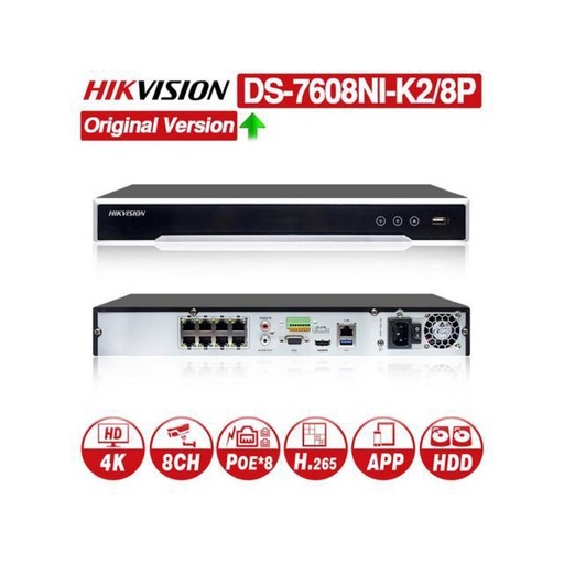 [DS-7608NI-K2/8P] NVR 8 Megapixel (4K) / 8 canales IP / 8 Puertos PoE+ / Soporta Cámaras con AcuSense / 2 Bahías de Disco Duro / Switch PoE 250 mts / HDMI en 4K / Hikvision