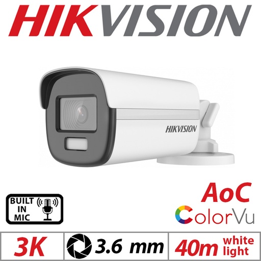 [DS-2CE12KF0T-FS] CAMARA TURBO 3K COLORVU AUDIO BALA EXIR LUZ BLANCA 40 m 0.001LUX F2.8MM IP67 METAL HIKVISION