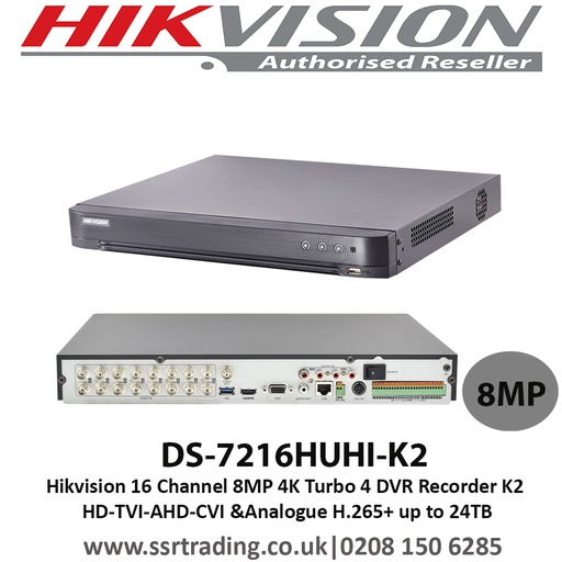 [DS-7216HUHI-K2] DVR 8 Megapixel / 16 Canales 4K TURBOHD + 16 Canales IP / 2 Bahías de Disco Duro / 4 Canales de Audio / 16 Entradas de Alarma