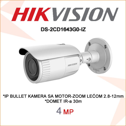 [DS-2CD1643G2-I(Z)] CAMARA BALA IP DE 4 MEGAPIXELES MOTORIZADO 30M H265 MICRO SD POE