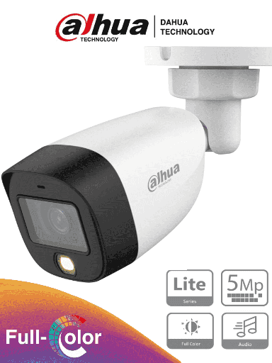 [DH-HAC-HFW1509CN-A-LED-0280B] CAMARA DE SEGURIDAD BALA DE 5 MEGAPIXELES FULL COLOR 20M 2.8MM IP67 5MP MICROFONO