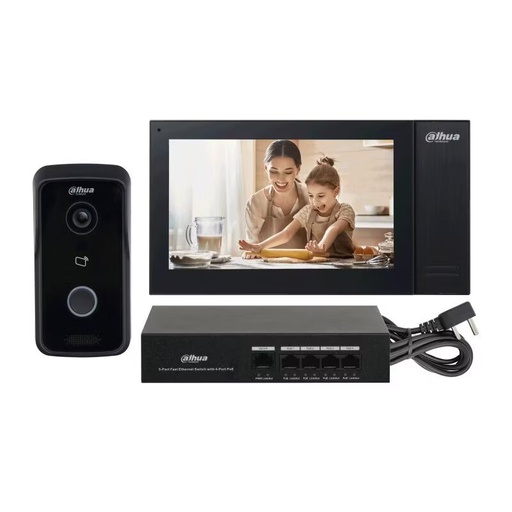 [DHI-KTP02] KIT DE VIDEO PORTERO IP POE FRENTE DE CALLE 2MP + MONITOR + SWITCH 6 PUERTOS 4 POE